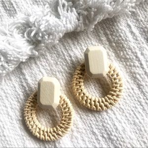 Rattan Natural Wooden Stud Hoop Earrings